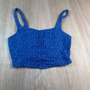 Pilcro Blue Checkered Crop Tank Top Womens Medium Smocked Cotton Fall Layering